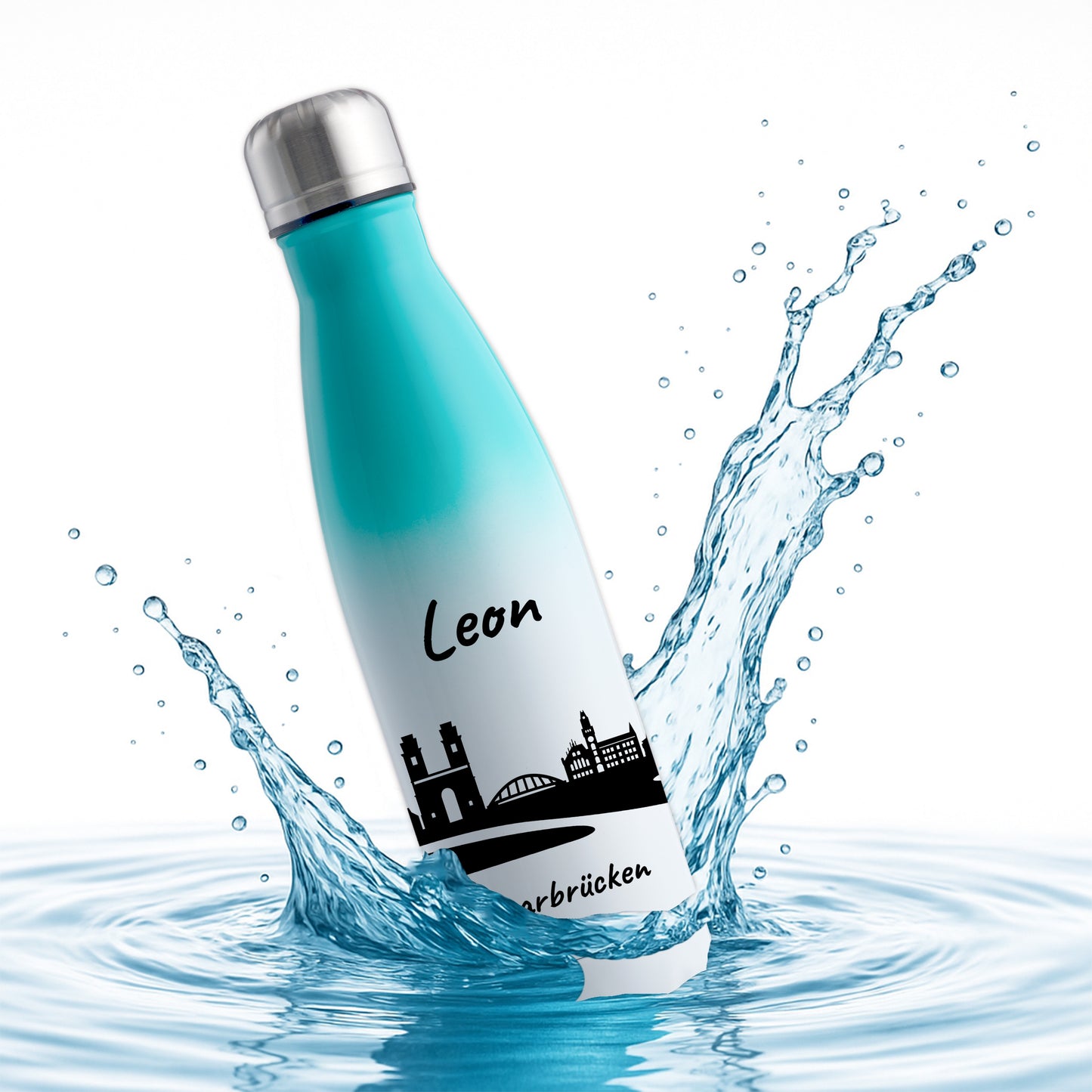 Trinkflasche in Weiß/Mint 500ml aus Edelstahl bedruckt mit der Skyline von Saarbrücken personalisierbar mit Wunschname