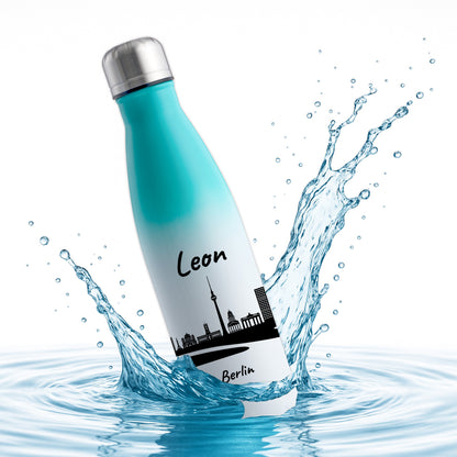Trinkflasche in Weiß/Mint 500ml aus Edelstahl bedruckt mit der Skyline von Berlin personalisierbar mit Wunschname