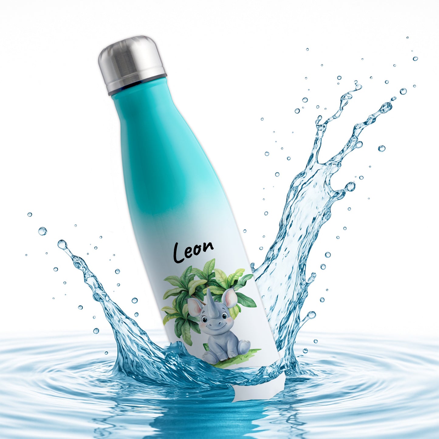 Trinkflasche mit Farbverlauf in Weiß/Mint 500ml aus Edelstahl bedruckt mit Dschungel Tieren"Nashorn" personalisierbar für Kinder mit Wunschname