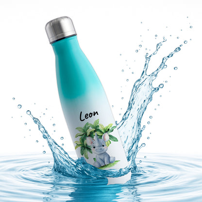Trinkflasche mit Farbverlauf in Weiß/Mint 500ml aus Edelstahl bedruckt mit Dschungel Tieren"Nashorn" personalisierbar für Kinder mit Wunschname