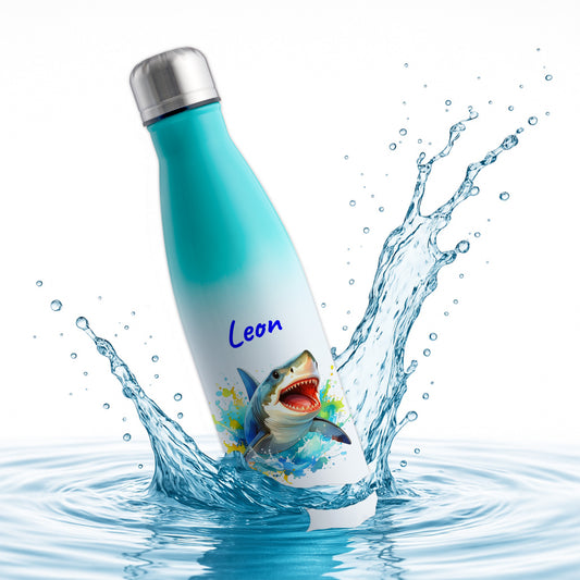 Thermoflasche 500ml in Weiß/Mint bedruckt mit tollen Motiven für Kinder "Hai" personalisierbar mit Wunschname