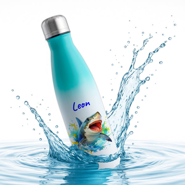 Thermoflasche 500ml in Weiß/Mint bedruckt mit tollen Motiven für Kinder "Hai" personalisierbar mit Wunschname