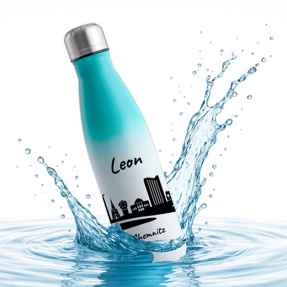 Trinkflasche in Weiß/Mint 500ml aus Edelstahl bedruckt mit der Skyline von Chemnitz personalisierbar mit Wunschname