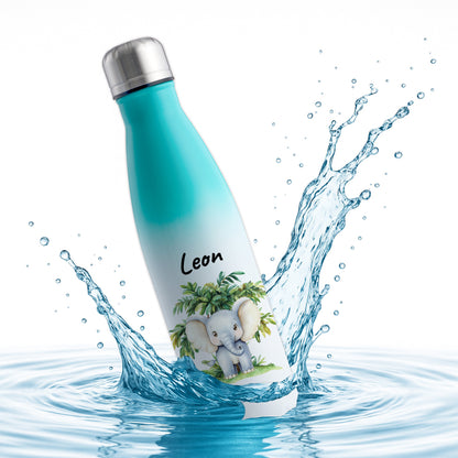 Trinkflasche mit Farbverlauf in Weiß/Mint 500ml aus Edelstahl bedruckt mit Dschungel Tieren"Elefant" personalisierbar für Kinder mit Wunschname