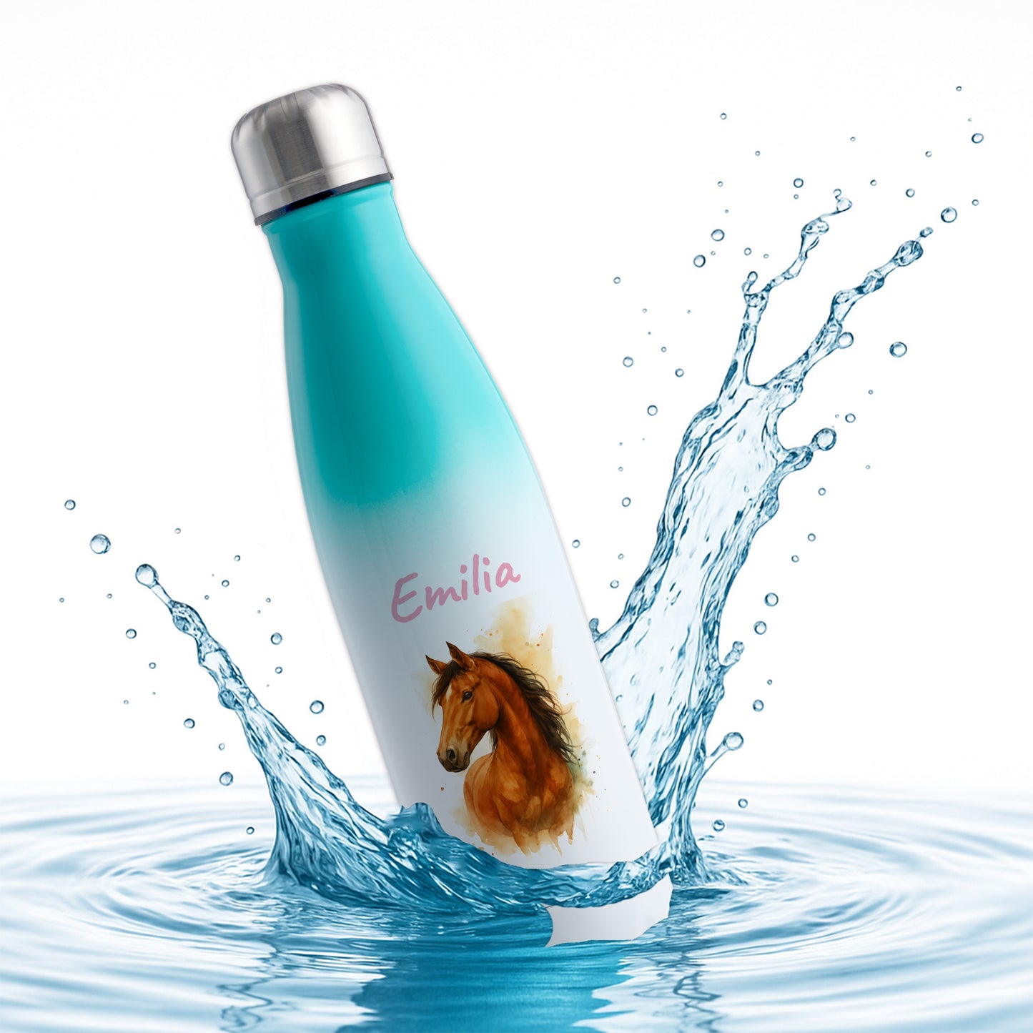 Thermoflasche 500ml in Weiß/Mint bedruckt mit tollen Motiven für Kinder "Pferd" personalisierbar mit Wunschname