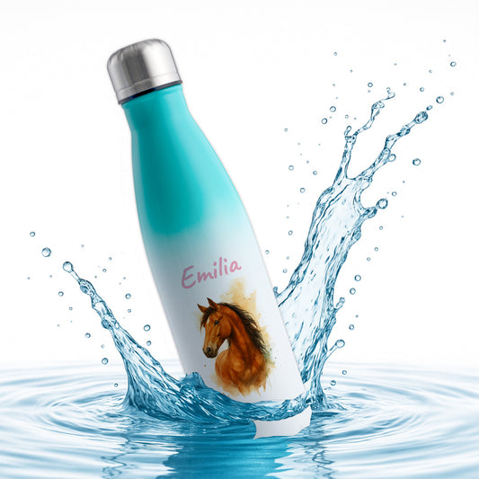 Thermoflasche 500ml in Weiß/Mint bedruckt mit tollen Motiven für Kinder "Pferd" personalisierbar mit Wunschname