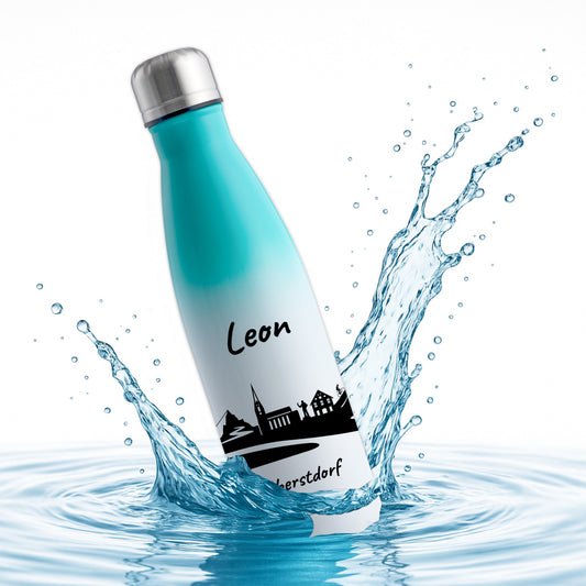 Trinkflasche in Weiß/Mint 500ml aus Edelstahl bedruckt mit der Skyline von Oberstdorf personalisierbar mit Wunschname