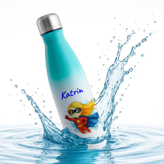 Thermoflasche 500ml in Weiß/Mint bedruckt mit tollen Motiven für Kinder "Superheldin" personalisierbar mit Wunschname