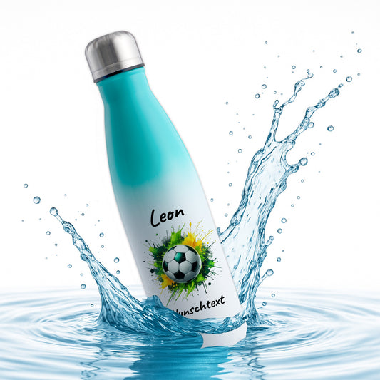 Thermoflasche 500ml in Weiß/Mint aus Edelstahl bedruckt "Fußball" Motiv11 personalisierbar mit Wunschname & Text
