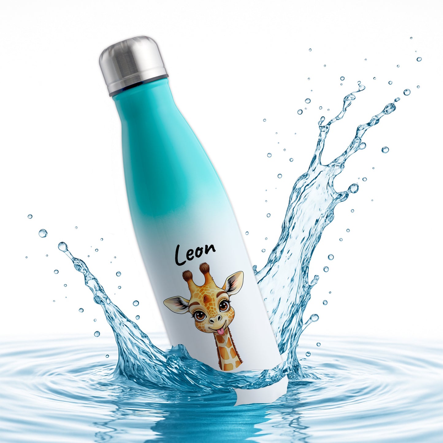 Trinkflasche in Weiß/Mint 500ml aus Edelstahl bedruckt mit niedlichen Tieren "Giraffe" personalisierbar für Kinder mit Wunschname
