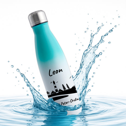 Trinkflasche in Weiß/Mint 500ml aus Edelstahl bedruckt mit der Skyline von Sankt Peter-Ording personalisierbar mit Wunschname