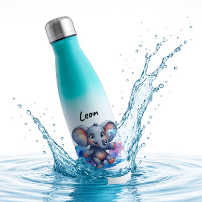 Trinkflasche in Weiß/Mint 500ml aus Edelstahl bedruckt mit niedlichen Tieren "Elefant" personalisierbar für Kinder mit Wunschname