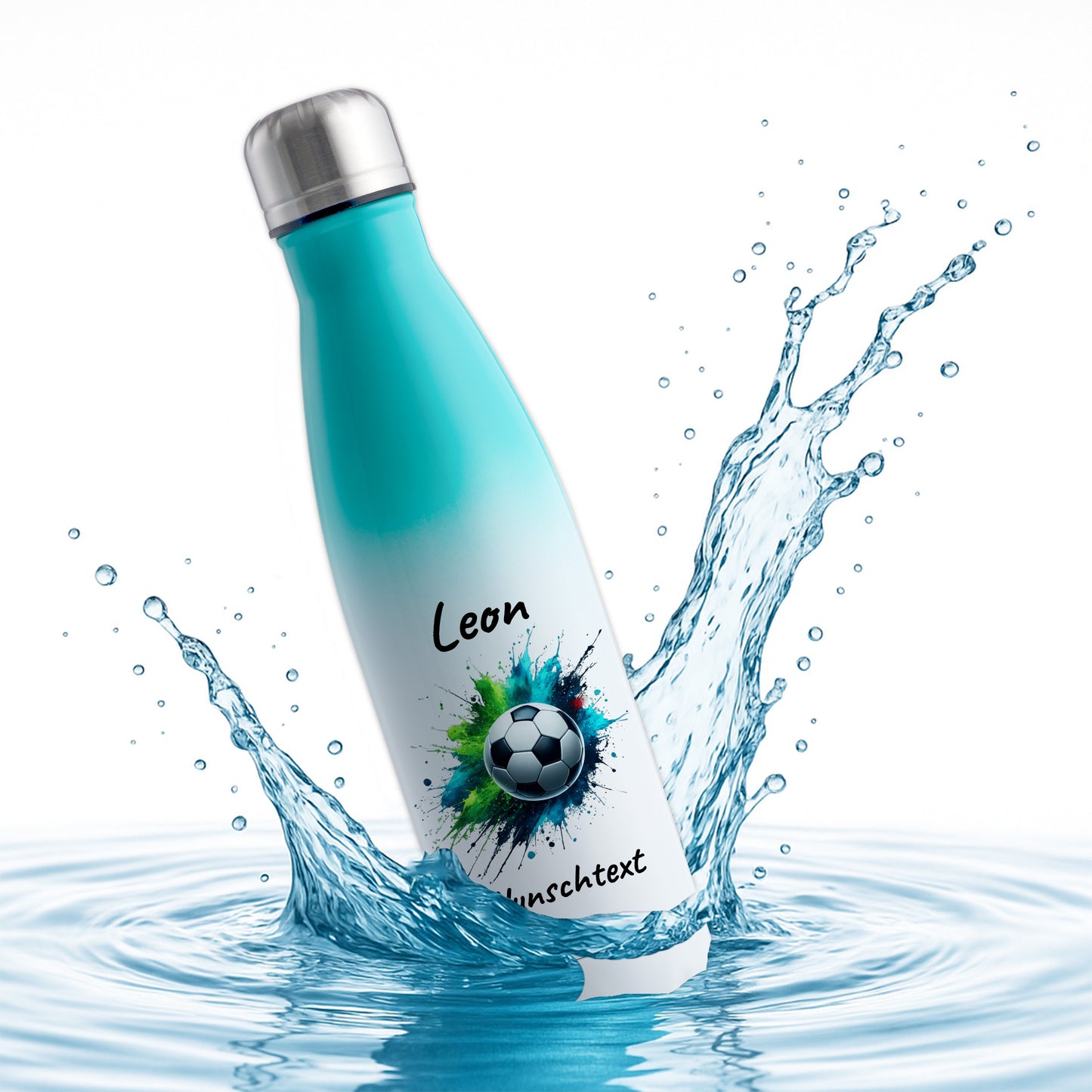 Thermoflasche 500ml in Weiß/Mint aus Edelstahl bedruckt "Fußball" Motiv8 personalisierbar mit Wunschname & Text