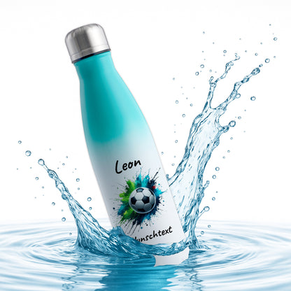Thermoflasche 500ml in Weiß/Mint aus Edelstahl bedruckt "Fußball" Motiv8 personalisierbar mit Wunschname & Text