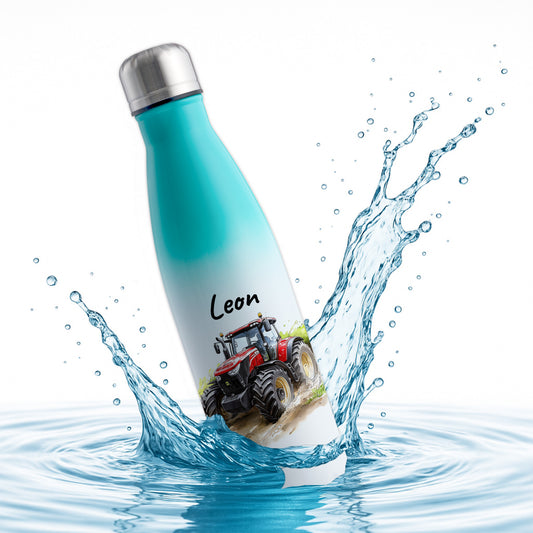 Thermoflasche 500ml in Weiß/Mint bedruckt mit tollen Motiven für Kinder "Traktor" personalisierbar mit Wunschname