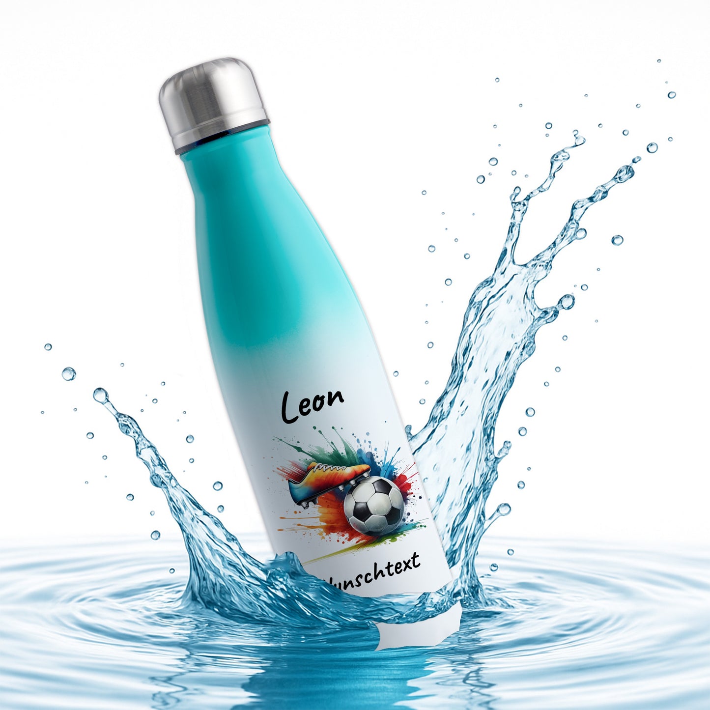 Thermoflasche 500ml in Weiß/Mint aus Edelstahl bedruckt "Fußball" Motiv6 personalisierbar mit Wunschname & Text