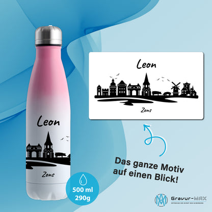 Trinkflasche in Weiß/Pink 500ml aus Edelstahl bedruckt mit der Skyline von Zons (Dormagen) personalisierbar mit Wunschname