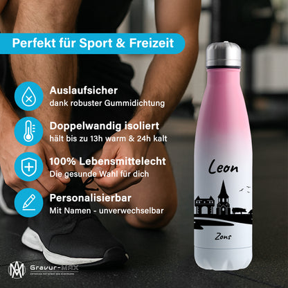 Trinkflasche in Weiß/Pink 500ml aus Edelstahl bedruckt mit der Skyline von Zons (Dormagen) personalisierbar mit Wunschname