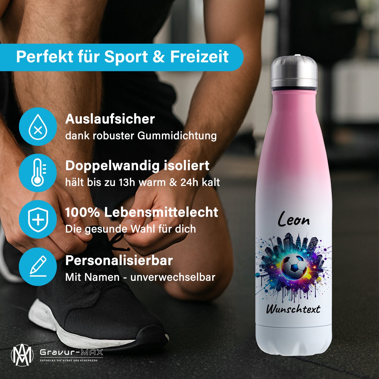 Thermoflasche 500ml in Weiß/Pink aus Edelstahl bedruckt "Fußball" Motiv7 personalisierbar mit Wunschname & Text