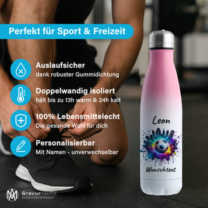 Thermoflasche 500ml in Weiß/Pink aus Edelstahl bedruckt "Fußball" Motiv7 personalisierbar mit Wunschname & Text