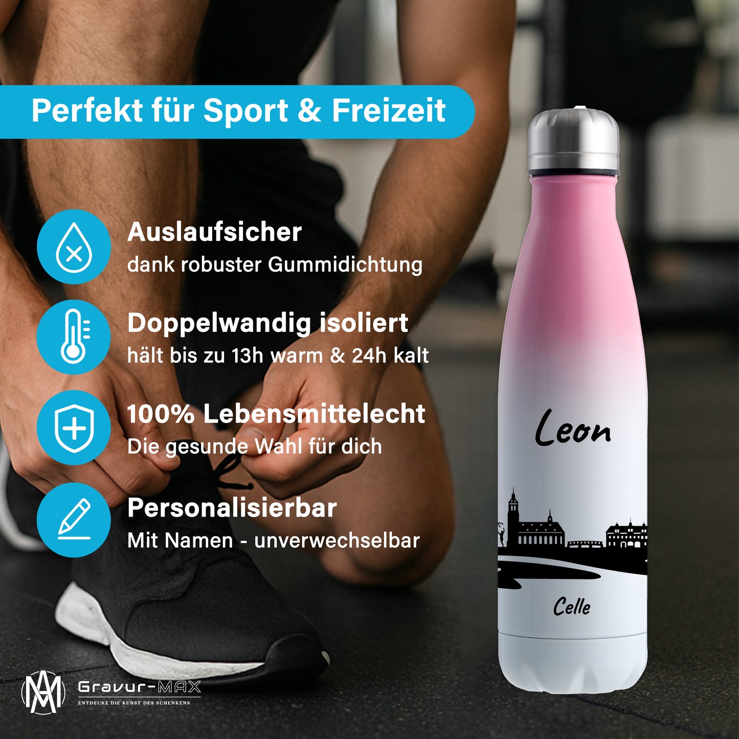 Trinkflasche in Weiß/Pink 500ml aus Edelstahl bedruckt mit der Skyline von Celle personalisierbar mit Wunschname