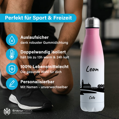 Trinkflasche in Weiß/Pink 500ml aus Edelstahl bedruckt mit der Skyline von Celle personalisierbar mit Wunschname