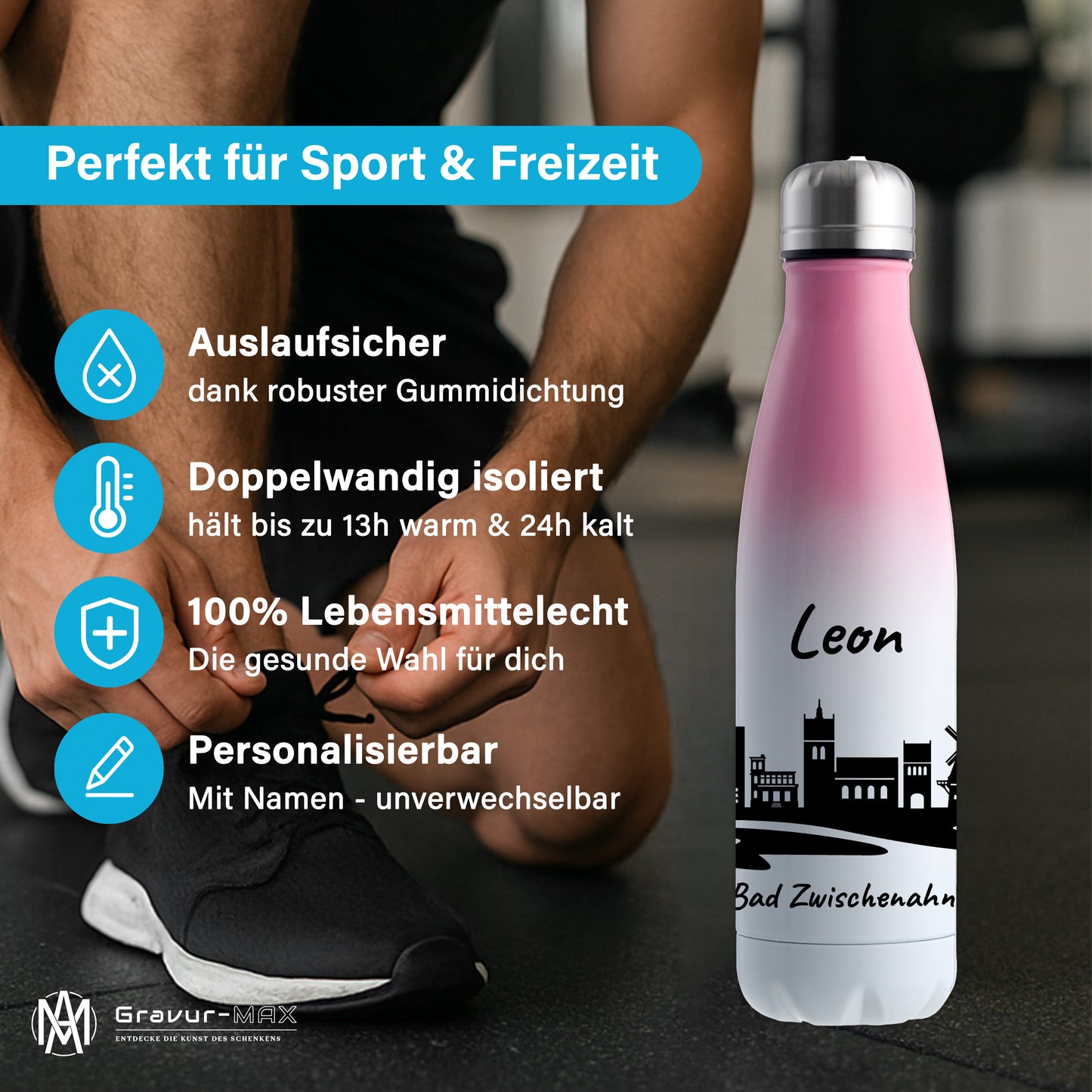 Trinkflasche in Weiß/Pink 500ml aus Edelstahl bedruckt mit der Skyline von Bad Zwischenahn personalisierbar mit Wunschname