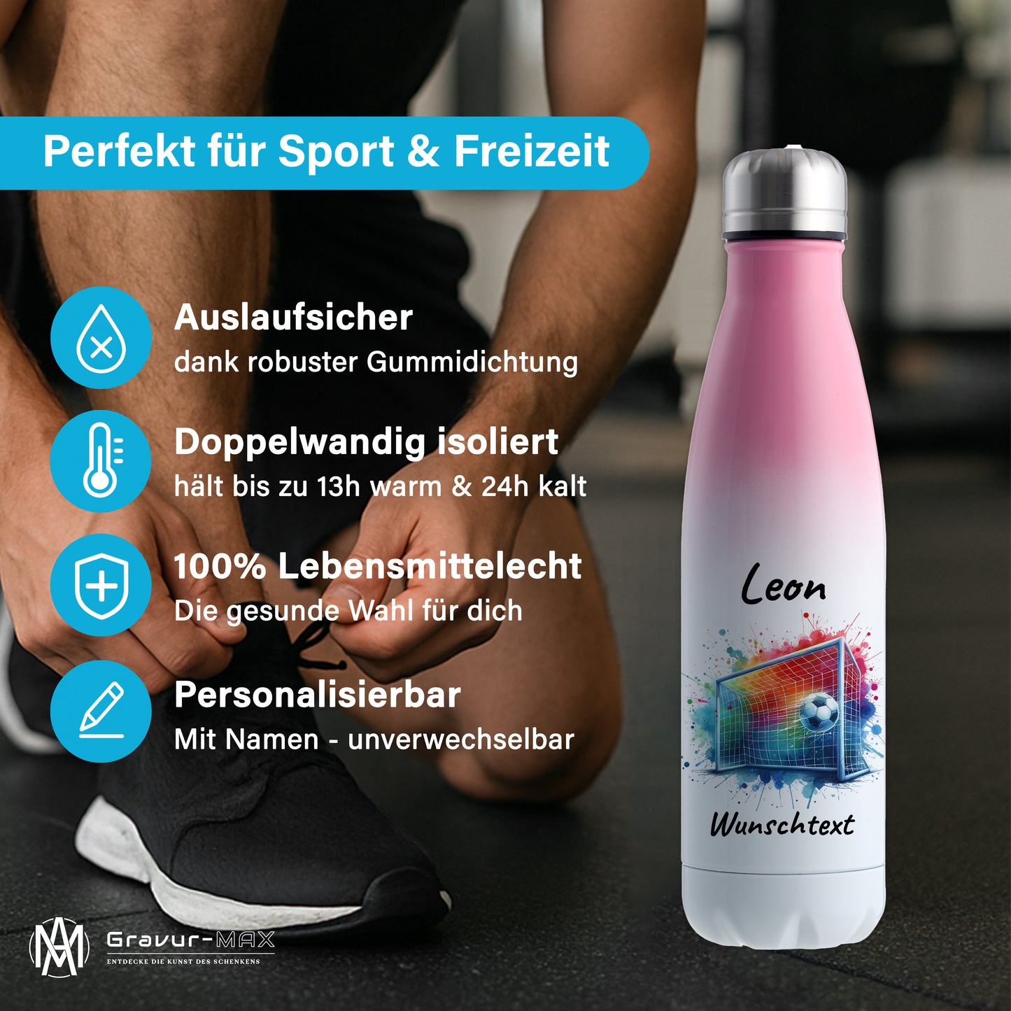 Thermoflasche 500ml in Weiß/Pink aus Edelstahl bedruckt "Fußball" Motiv5 personalisierbar mit Wunschname & Text