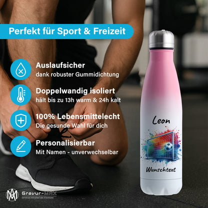 Thermoflasche 500ml in Weiß/Pink aus Edelstahl bedruckt "Fußball" Motiv5 personalisierbar mit Wunschname & Text