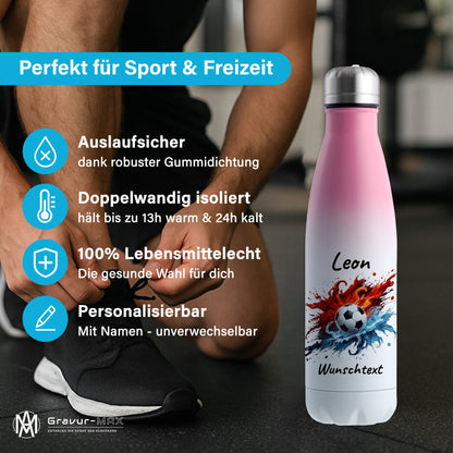 Thermoflasche 500ml in Weiß/Pink aus Edelstahl bedruckt "Fußball" Motiv12 personalisierbar mit Wunschname & Text
