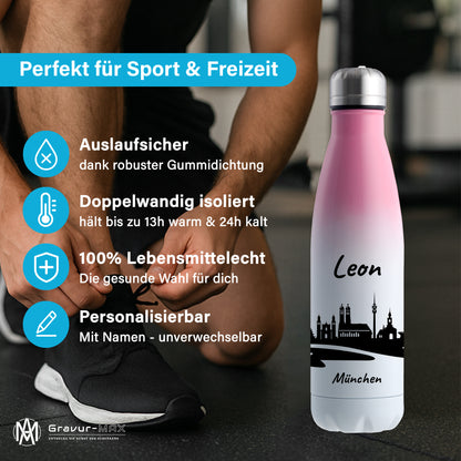 Trinkflasche in Weiß/Pink 500ml aus Edelstahl bedruckt mit der Skyline von München personalisierbar mit Wunschname