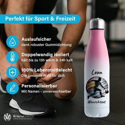 Thermoflasche 500ml in Weiß/Pink aus Edelstahl bedruckt "Fußball" Motiv2 personalisierbar mit Wunschname & Text