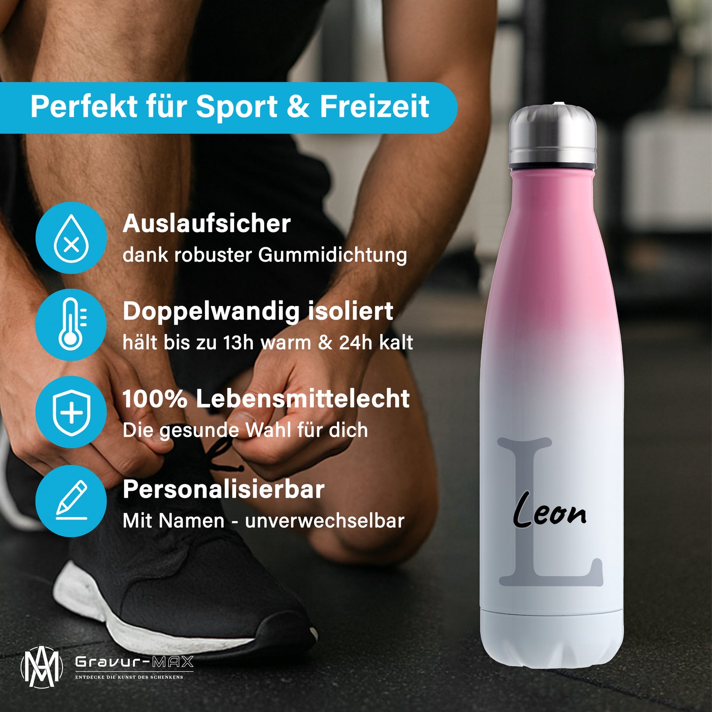 Thermoflasche 500ml aus Edelstahl in Weiß/Pink personalisierbar mit Wunschname auslaufsichere Trinkflasche