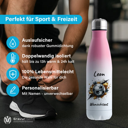 Thermoflasche 500ml in Weiß/Pink aus Edelstahl bedruckt "Fußball" Motiv13 personalisierbar mit Wunschname & Text