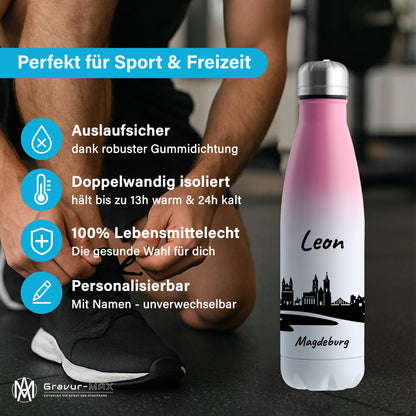 Trinkflasche in Weiß/Pink 500ml aus Edelstahl bedruckt mit der Skyline von Magdeburg personalisierbar mit Wunschname