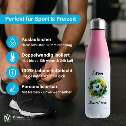 Thermoflasche 500ml in Weiß/Pink aus Edelstahl bedruckt "Fußball" Motiv11 personalisierbar mit Wunschname & Text