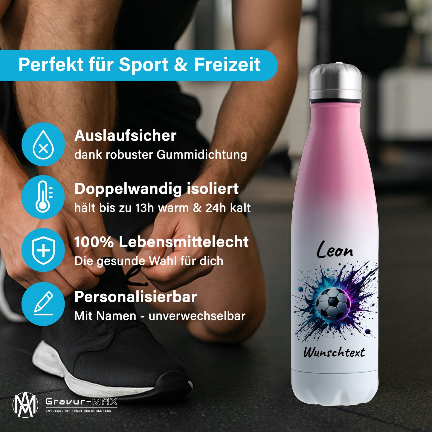Thermoflasche 500ml in Weiß/Pink aus Edelstahl bedruckt "Fußball" Motiv10 personalisierbar mit Wunschname & Text