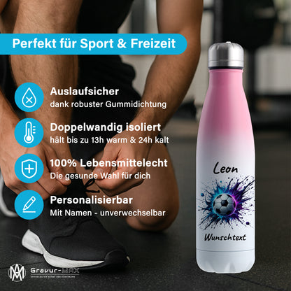 Thermoflasche 500ml in Weiß/Pink aus Edelstahl bedruckt "Fußball" Motiv10 personalisierbar mit Wunschname & Text