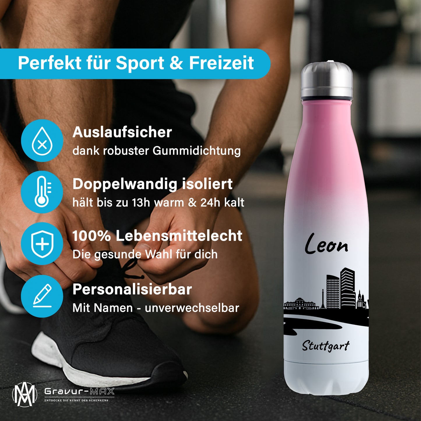 Trinkflasche in Weiß/Pink 500ml aus Edelstahl bedruckt mit der Skyline von Stuttgart personalisierbar mit Wunschname