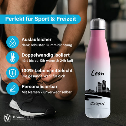 Trinkflasche in Weiß/Pink 500ml aus Edelstahl bedruckt mit der Skyline von Stuttgart personalisierbar mit Wunschname