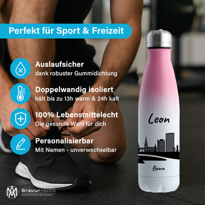Trinkflasche in Weiß/Pink 500ml aus Edelstahl bedruckt mit der Skyline von Bonn personalisierbar mit Wunschname