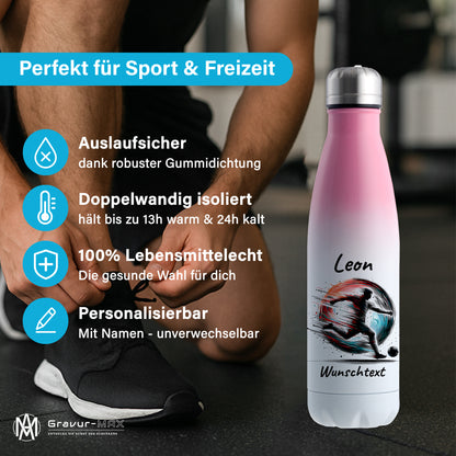 Thermoflasche 500ml in Weiß/Pink aus Edelstahl bedruckt "Fußball" Motiv3 personalisierbar mit Wunschname & Text