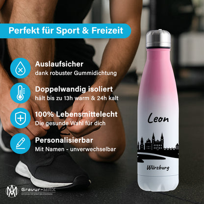 Trinkflasche in Weiß/Pink 500ml aus Edelstahl bedruckt mit der Skyline von Würzburg personalisierbar mit Wunschname