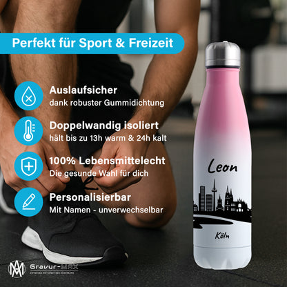 Trinkflasche in Weiß/Pink 500ml aus Edelstahl bedruckt mit der Skyline von Köln personalisierbar mit Wunschname