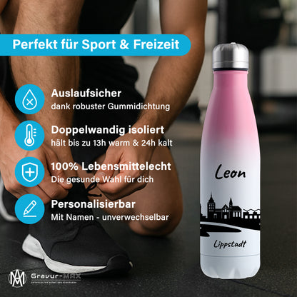 Trinkflasche in Weiß/Pink 500ml aus Edelstahl bedruckt mit der Skyline von Lippstadt personalisierbar mit Wunschname