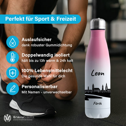 Trinkflasche in Weiß/Pink 500ml aus Edelstahl bedruckt mit der Skyline von Fürth personalisierbar mit Wunschname