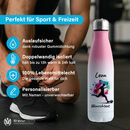 Thermoflasche 500ml in Weiß/Pink aus Edelstahl bedruckt "Fußball" Motiv4 personalisierbar mit Wunschname & Text
