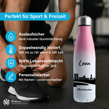 Trinkflasche in Weiß/Pink 500ml aus Edelstahl bedruckt mit der Skyline von Oberhausen personalisierbar mit Wunschname