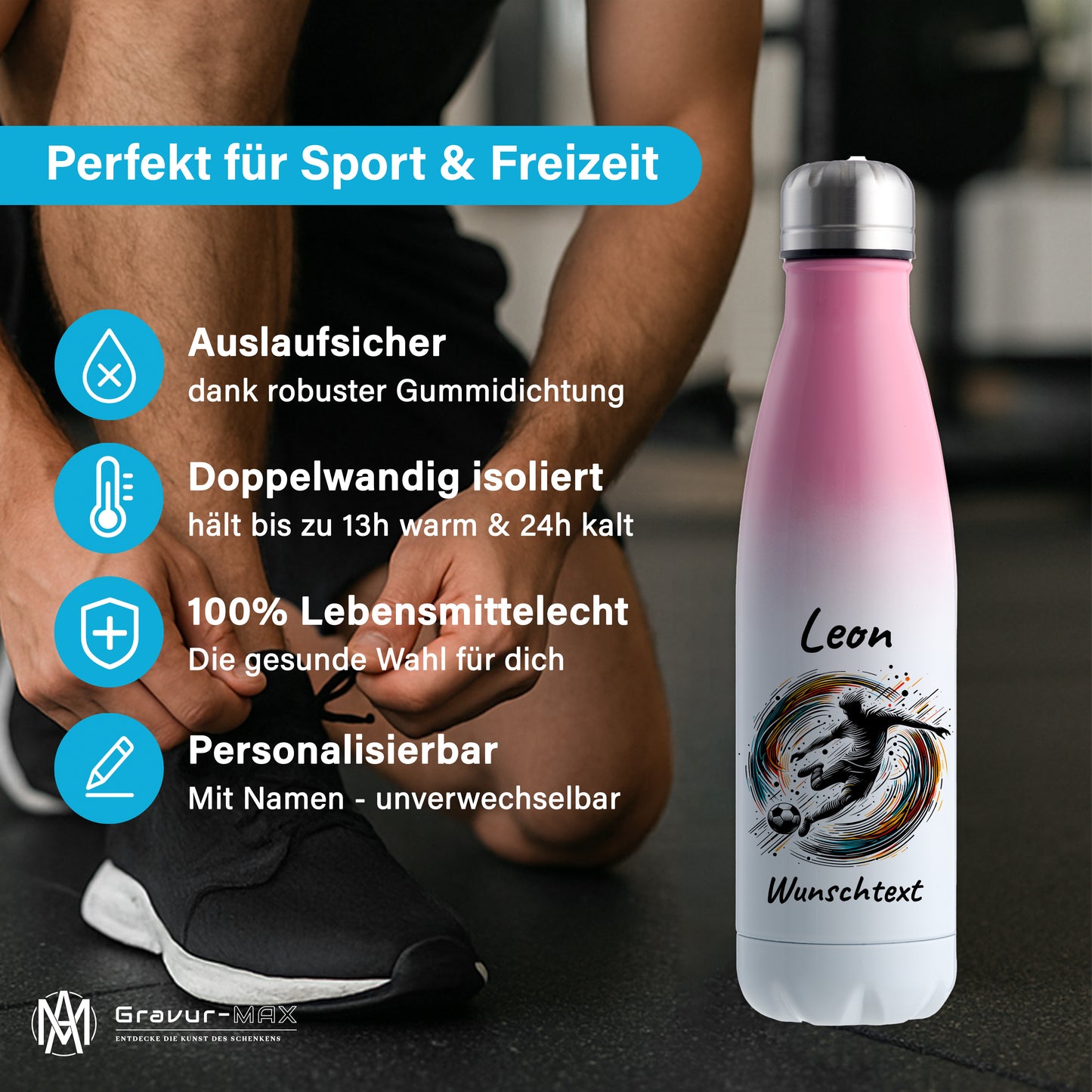 Thermoflasche 500ml in Weiß/Pink aus Edelstahl bedruckt "Fußball" Motiv1 personalisierbar mit Wunschname & Text