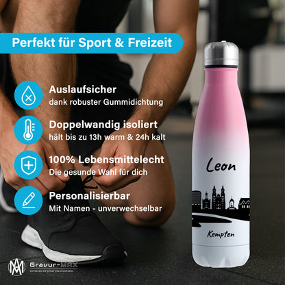 Trinkflasche in Weiß/Pink 500ml aus Edelstahl bedruckt mit der Skyline von Kempten personalisierbar mit Wunschname